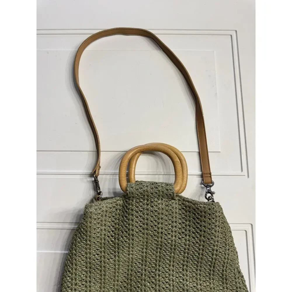 Fossil Green Weave Crochet Wooden Handles Hobo Bag Purse Woven Crossbody Strap - Picture 2 of 6